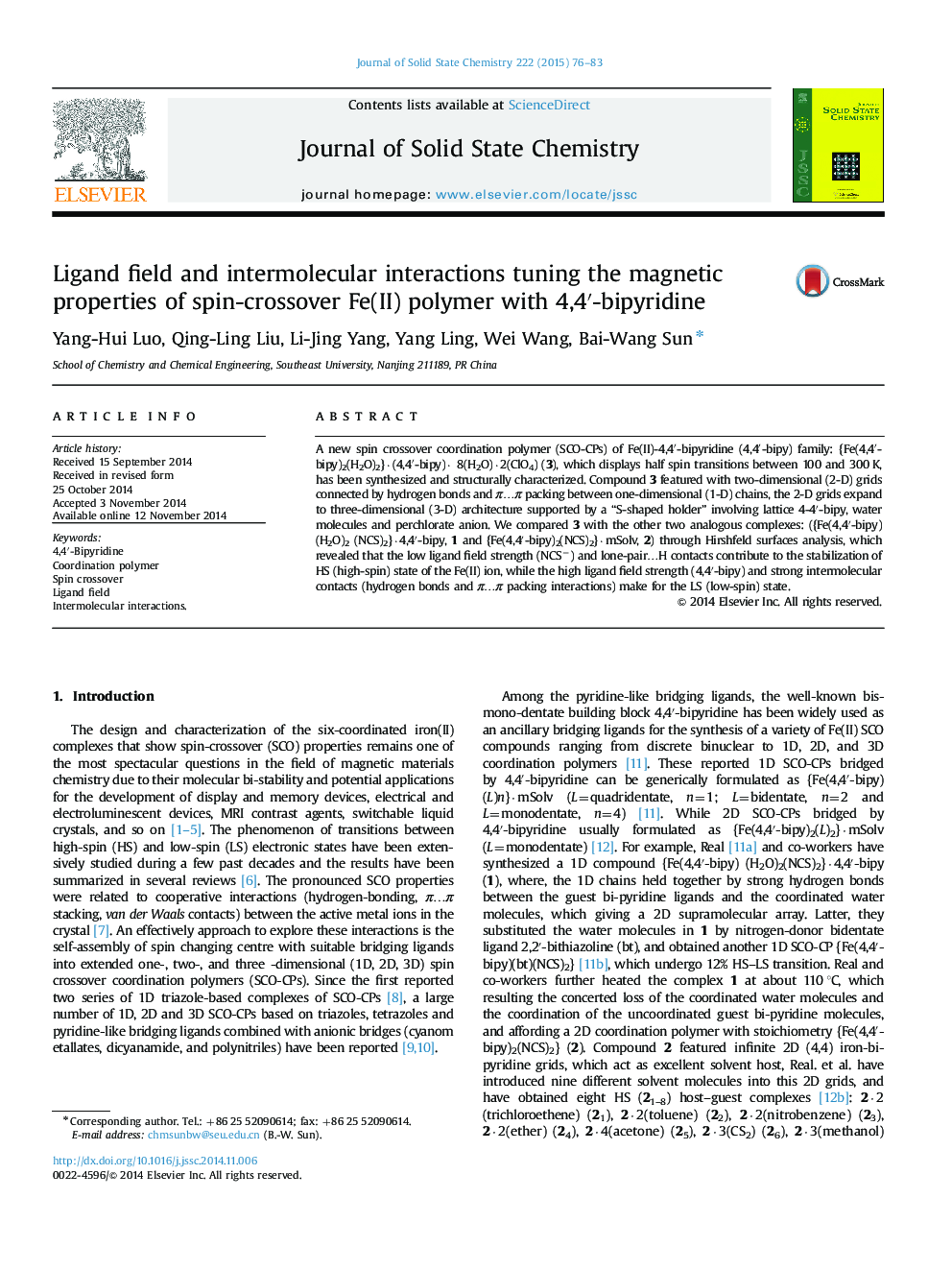 Ligand field and intermolecular interactions tuning the magnetic properties of spin-crossover Fe(II) polymer with 4,4′-bipyridine