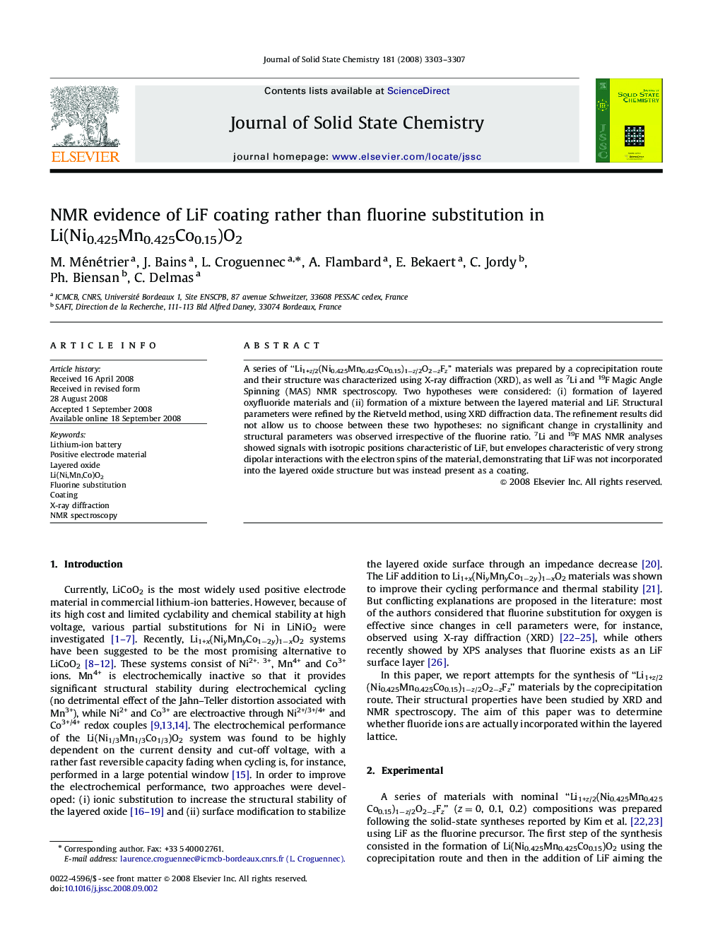NMR evidence of LiF coating rather than fluorine substitution in Li(Ni0.425Mn0.425Co0.15)O2