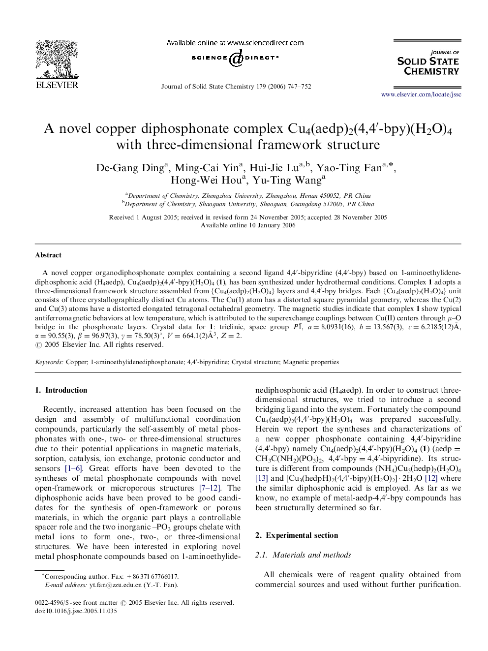 A novel copper diphosphonate complex Cu4(aedp)2(4,4′-bpy)(H2O)4 with three-dimensional framework structure