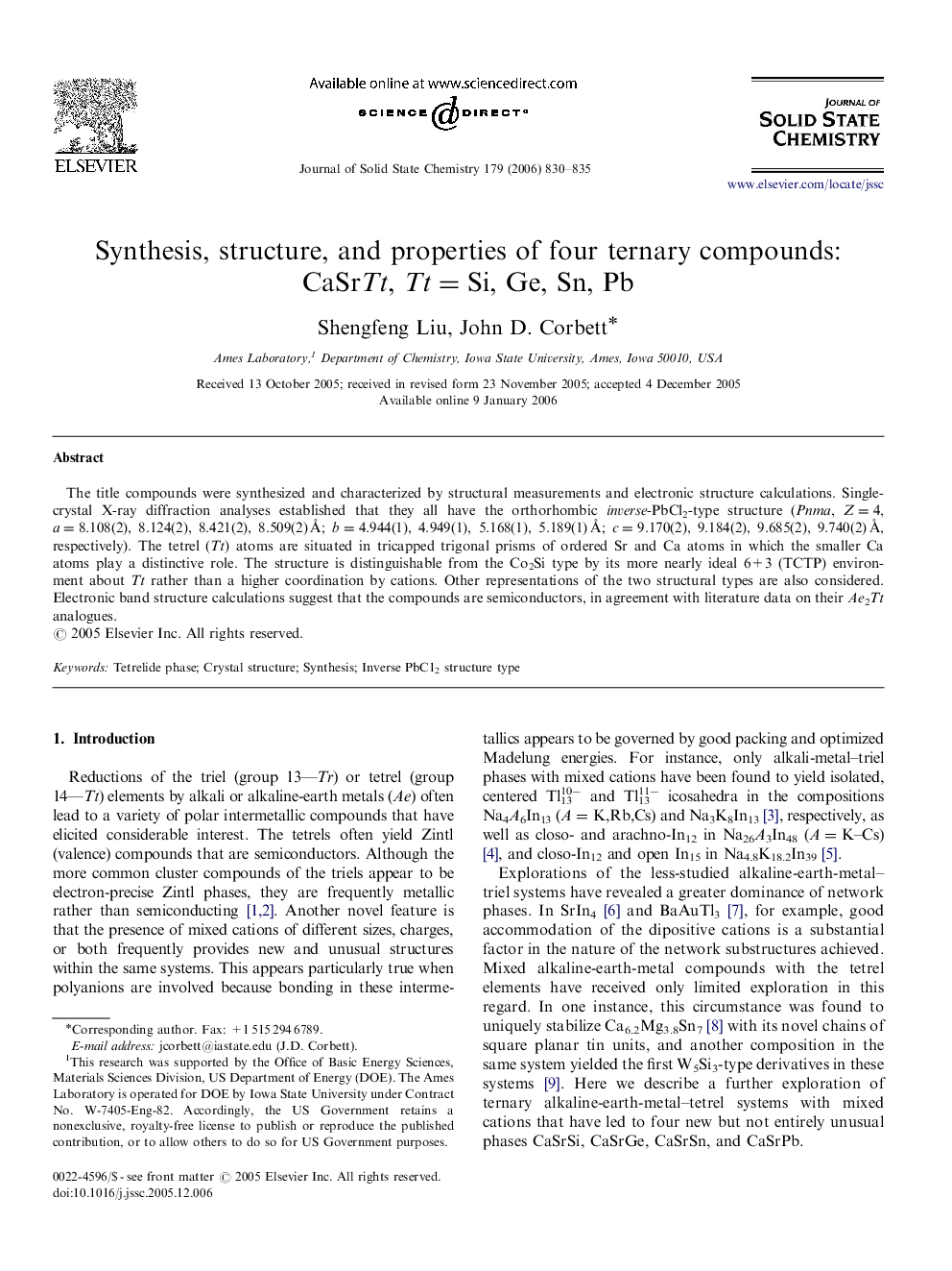 Synthesis, structure, and properties of four ternary compounds: CaSrTt, Tt=Si, Ge, Sn, Pb