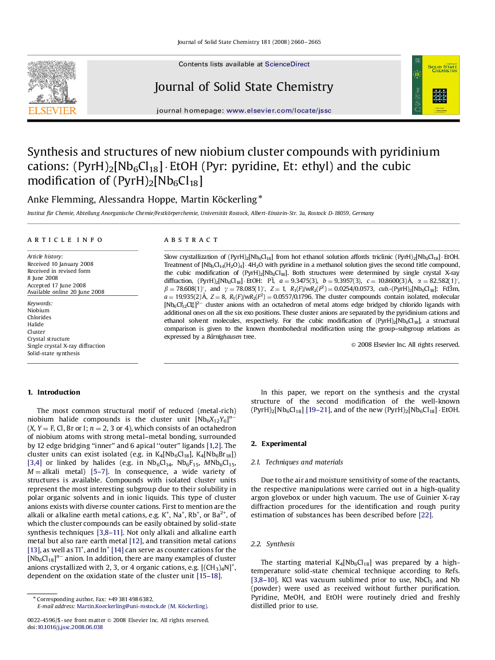 Synthesis and structures of new niobium cluster compounds with pyridinium cations: (PyrH)2[Nb6Cl18]·EtOH (Pyr: pyridine, Et: ethyl) and the cubic modification of (PyrH)2[Nb6Cl18]