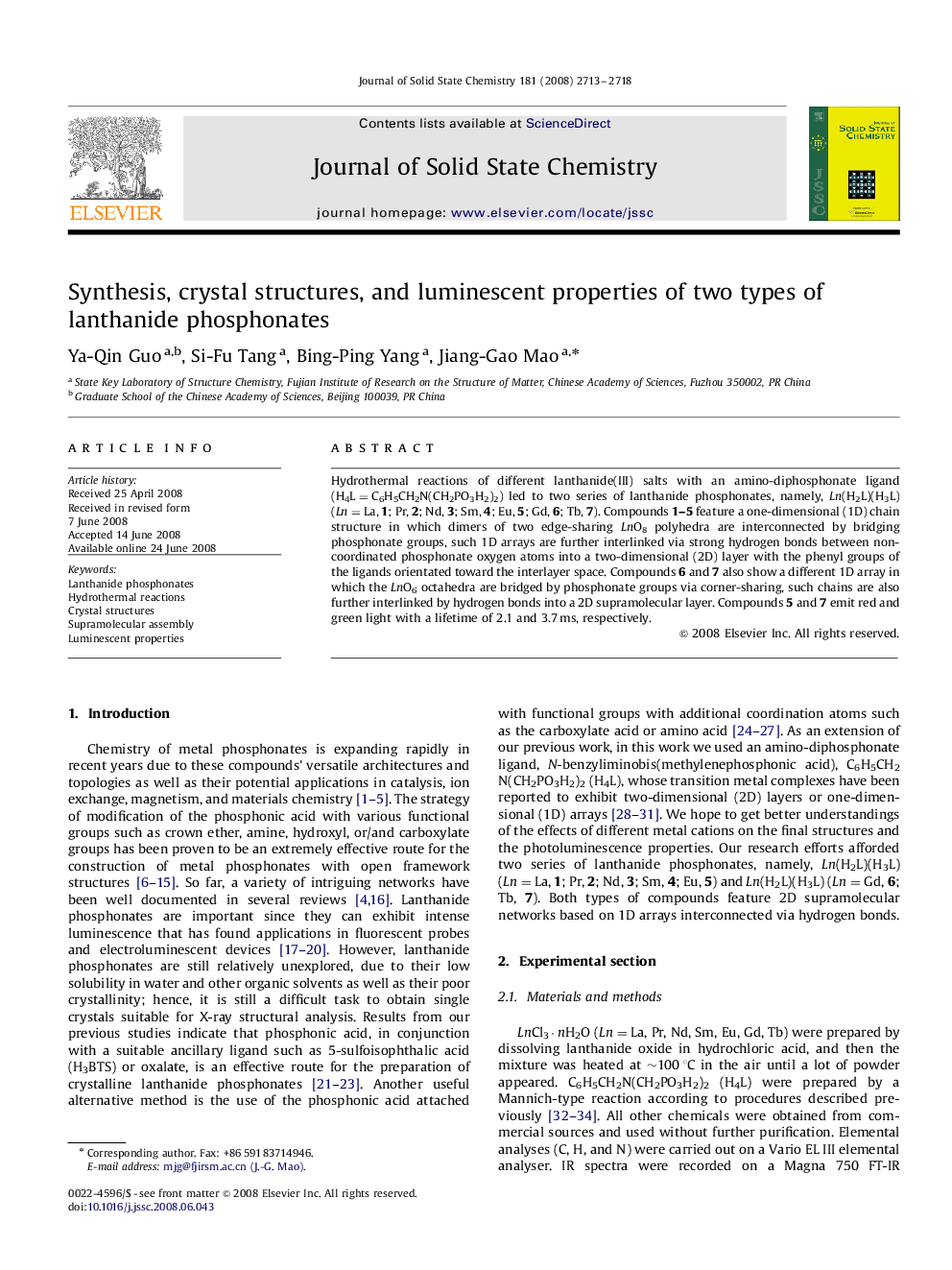 Synthesis, crystal structures, and luminescent properties of two types of lanthanide phosphonates