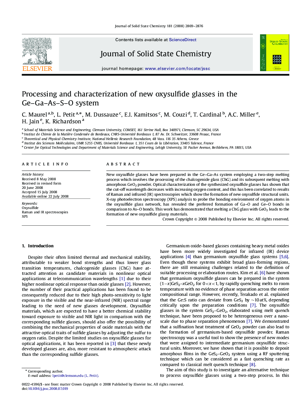 Processing and characterization of new oxysulfide glasses in the Ge–Ga–As–S–O system