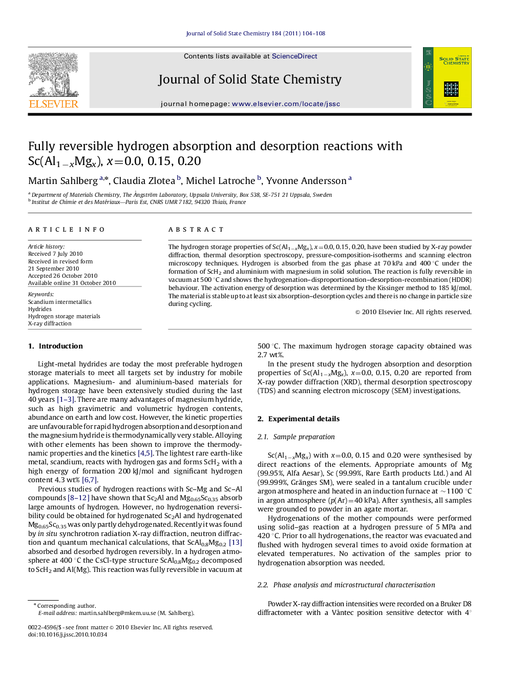 Fully reversible hydrogen absorption and desorption reactions with Sc(Al1−xMgx), x=0.0, 0.15, 0.20