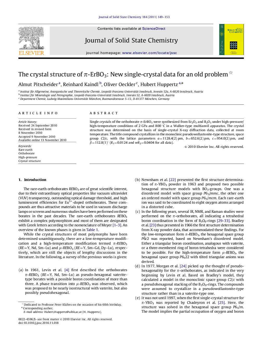 The crystal structure of π-ErBO3: New single-crystal data for an old problem 