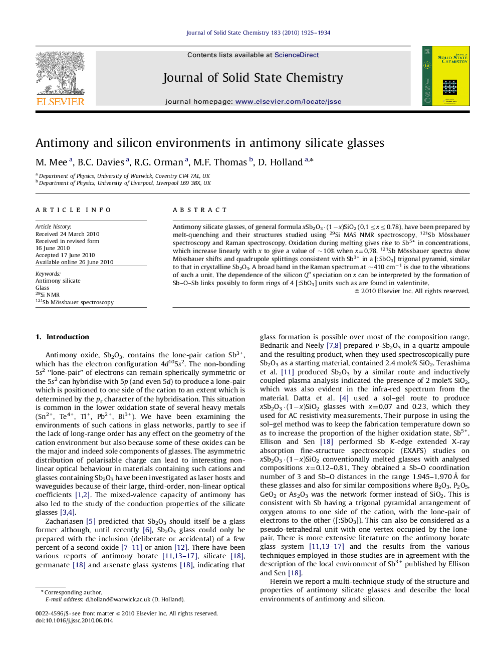 Antimony and silicon environments in antimony silicate glasses