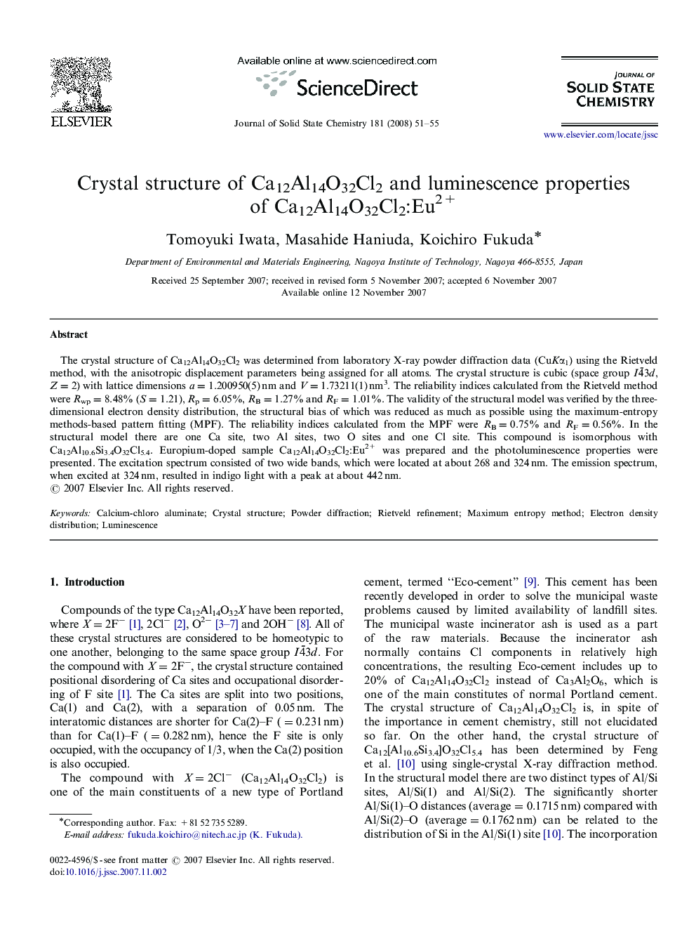 Crystal structure of Ca12Al14O32Cl2 and luminescence properties of Ca12Al14O32Cl2:Eu2+