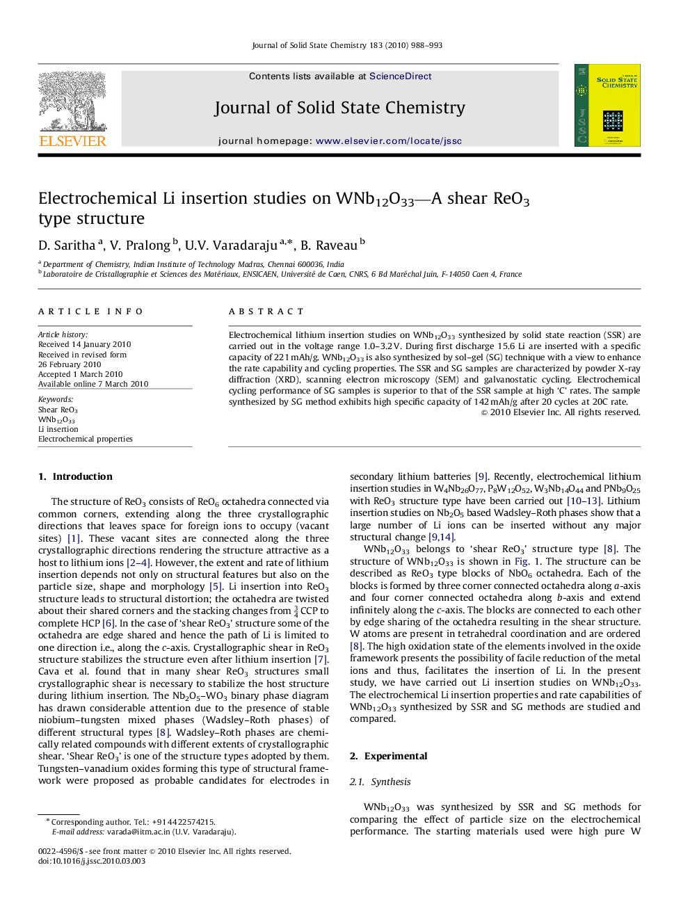 Electrochemical Li insertion studies on WNb12O33—A shear ReO3 type structure