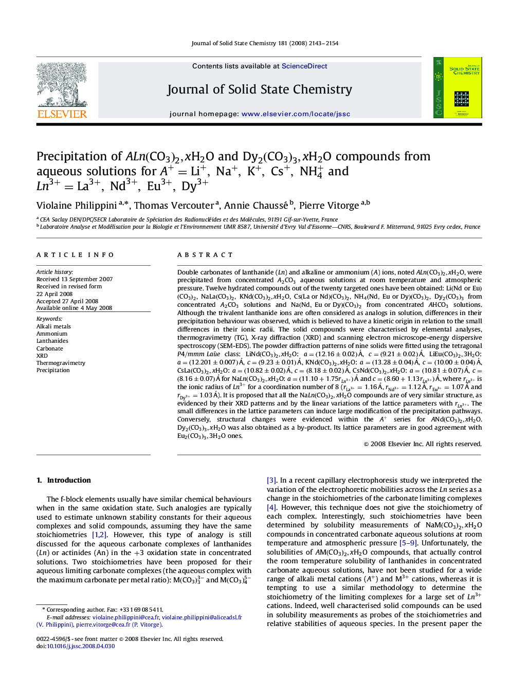 Precipitation of ALn(CO3)2,xH2OALn(CO3)2,xH2O and Dy2(CO3)3,xH2ODy2(CO3)3,xH2O compounds from aqueous solutions for A+=Li+,Na+,K+,Cs+,NH4+ and Ln3+=La3+,Nd3+,Eu3+,Dy3+