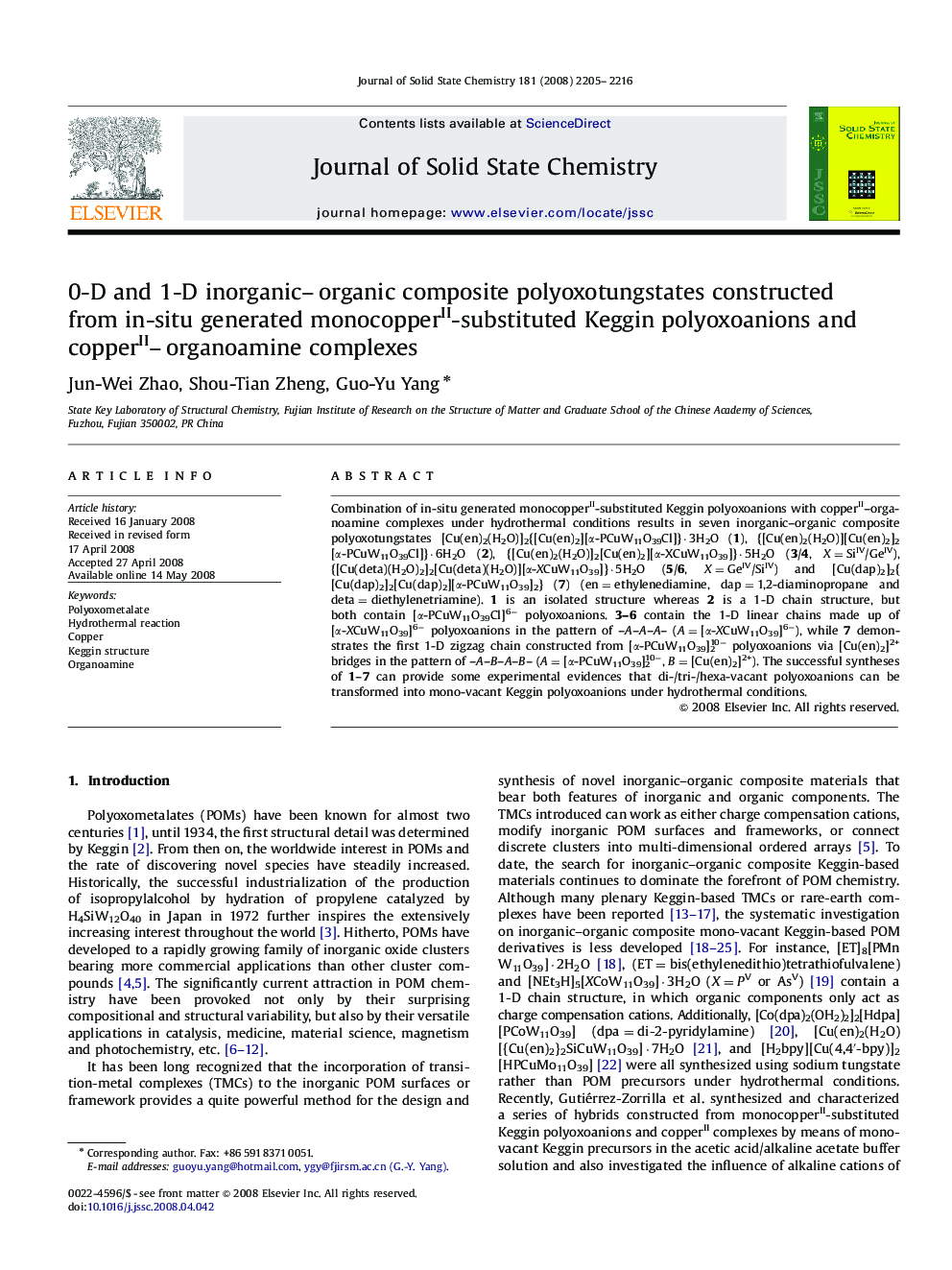 0-D and 1-D inorganic–organic composite polyoxotungstates constructed from in-situ generated monocopperII-substituted Keggin polyoxoanions and copperII–organoamine complexes