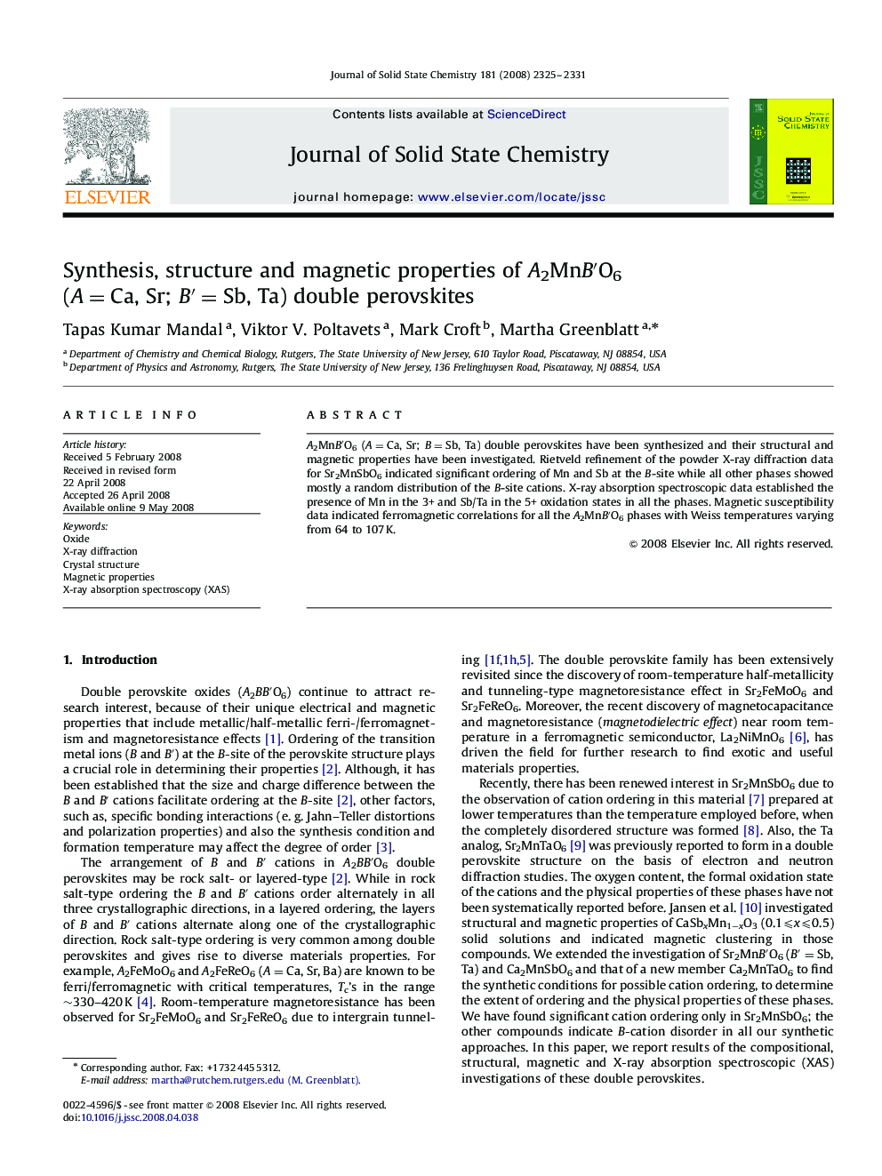 Synthesis, structure and magnetic properties of A2MnB′O6 (A=Ca, Sr; B′=Sb, Ta) double perovskites