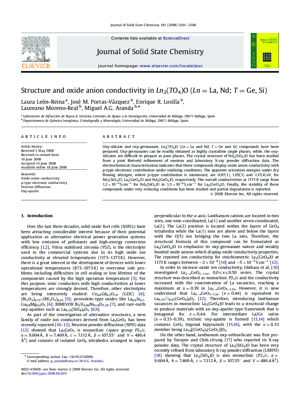 Structure and oxide anion conductivity in Ln2(TO4)O (Ln=La, Nd; T=Ge, Si)