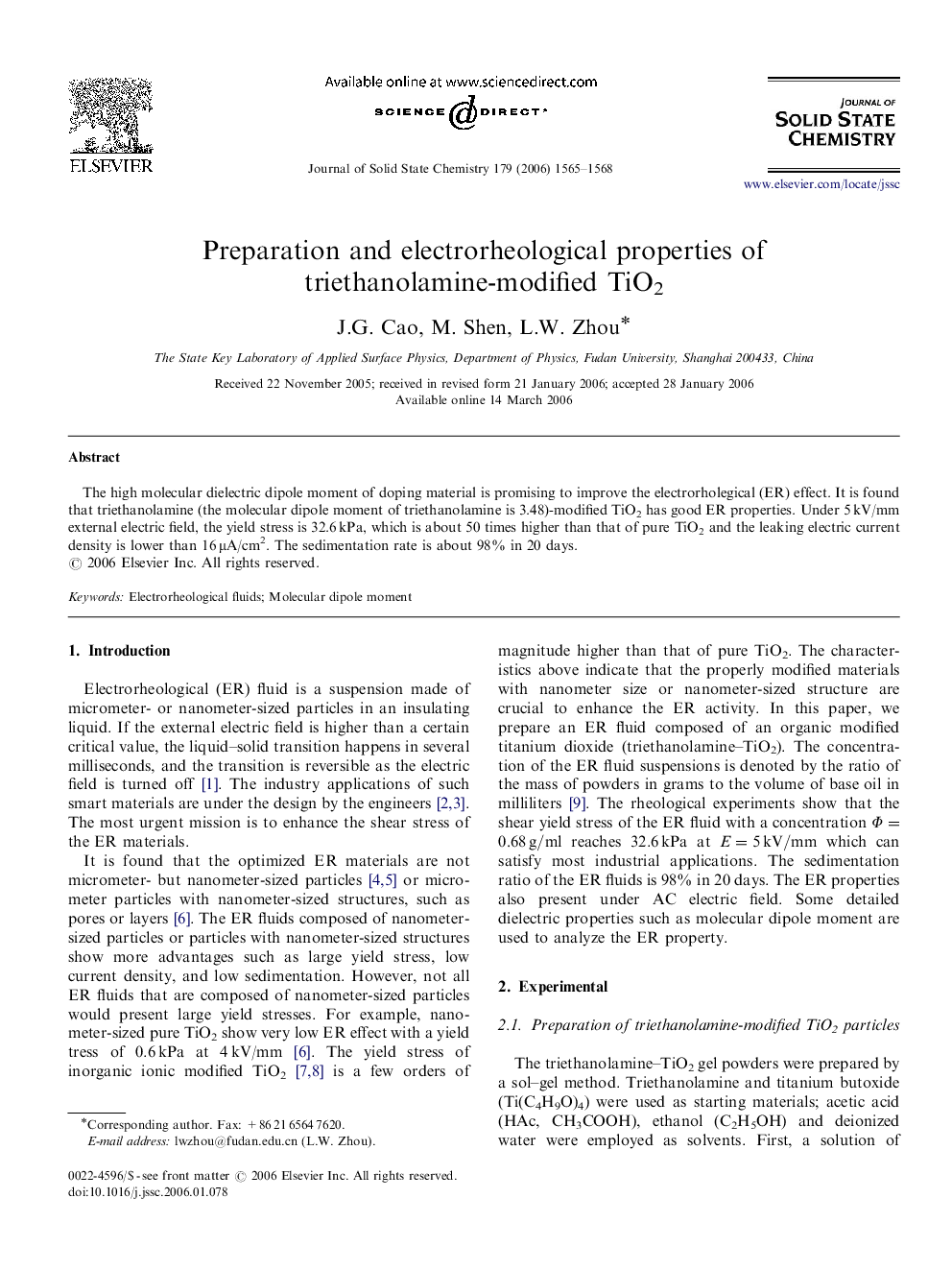 Preparation and electrorheological properties of triethanolamine-modified TiO2