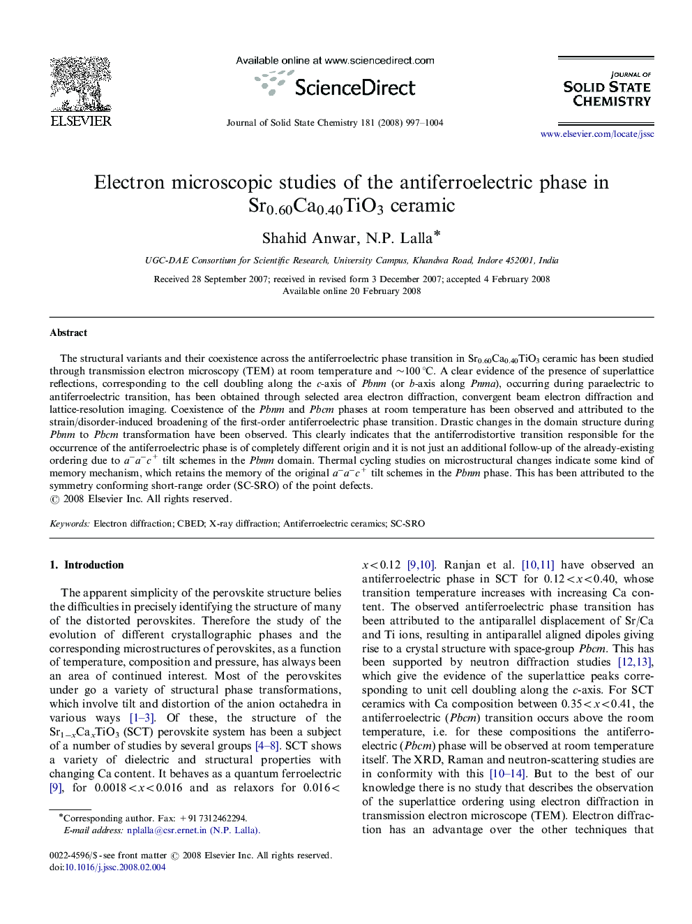 Electron microscopic studies of the antiferroelectric phase in Sr0.60Ca0.40TiO3 ceramic