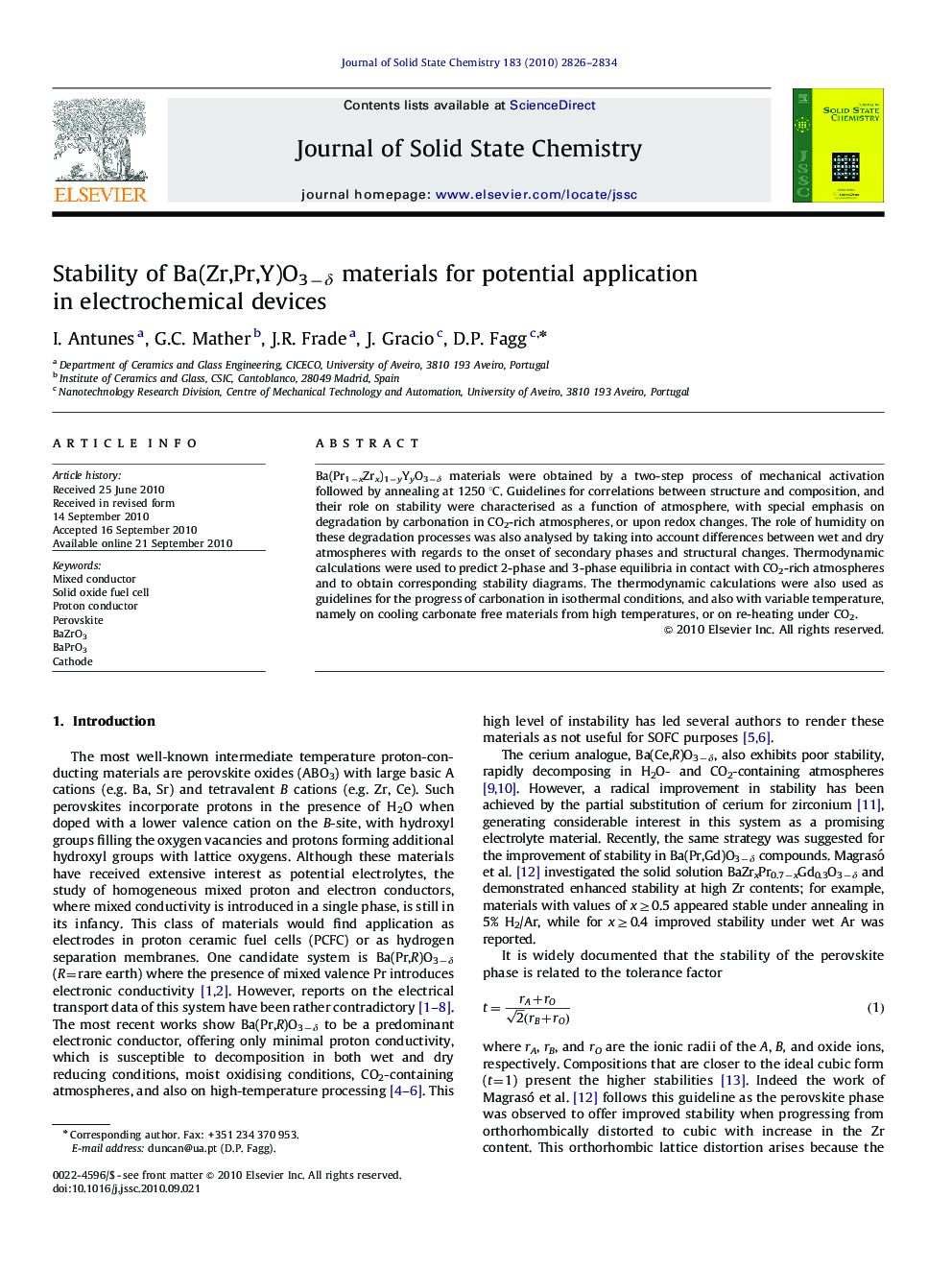 Stability of Ba(Zr,Pr,Y)O3−δ materials for potential application in electrochemical devices