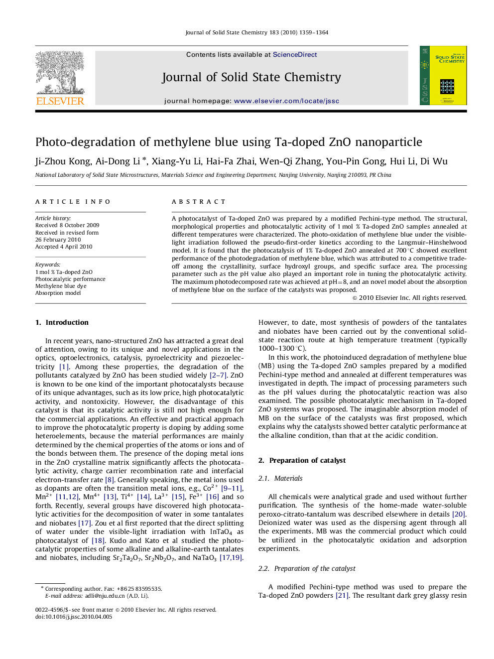 Photo-degradation of methylene blue using Ta-doped ZnO nanoparticle