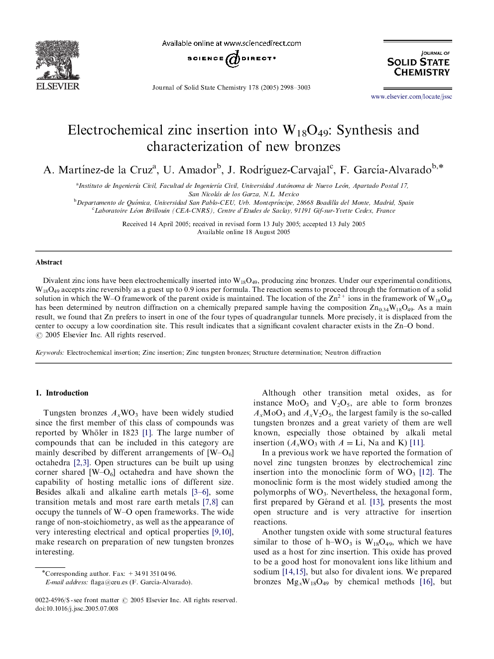 Electrochemical zinc insertion into W18O49: Synthesis and characterization of new bronzes