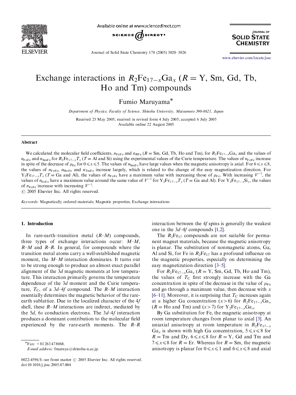 Exchange interactions in R2Fe17−xGax (R=Y, Sm, Gd, Tb, Ho and Tm) compounds