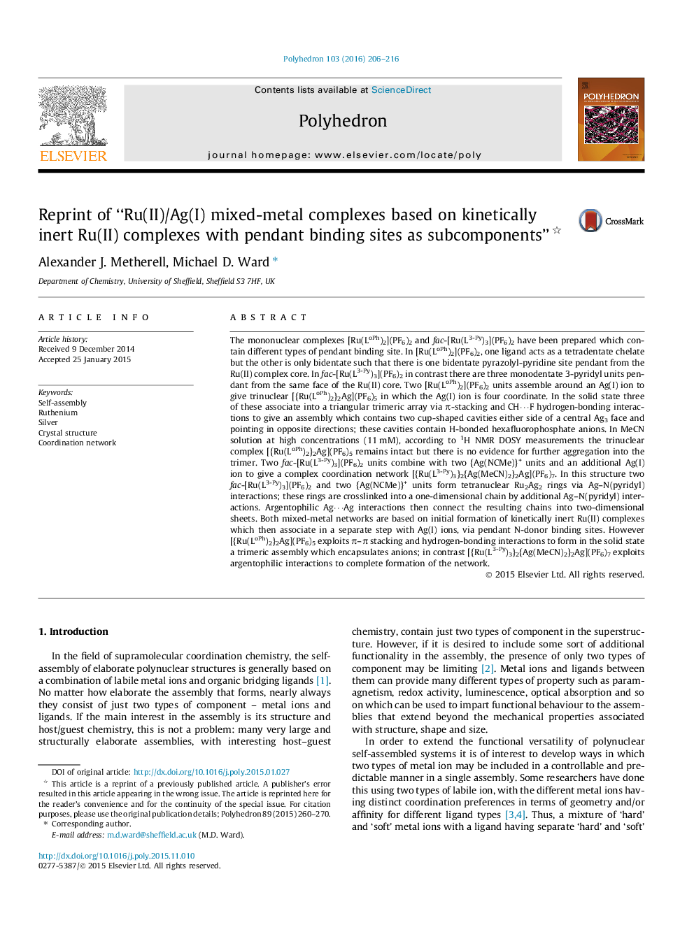 Reprint of “Ru(II)/Ag(I) mixed-metal complexes based on kinetically inert Ru(II) complexes with pendant binding sites as subcomponents” 