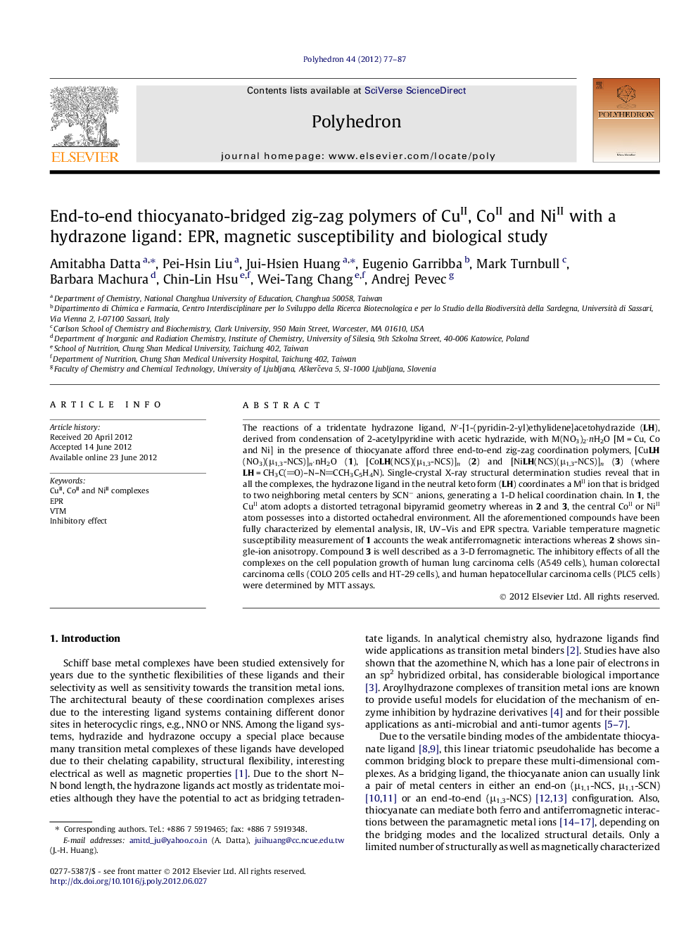 End-to-end thiocyanato-bridged zig-zag polymers of CuII, CoII and NiII with a hydrazone ligand: EPR, magnetic susceptibility and biological study