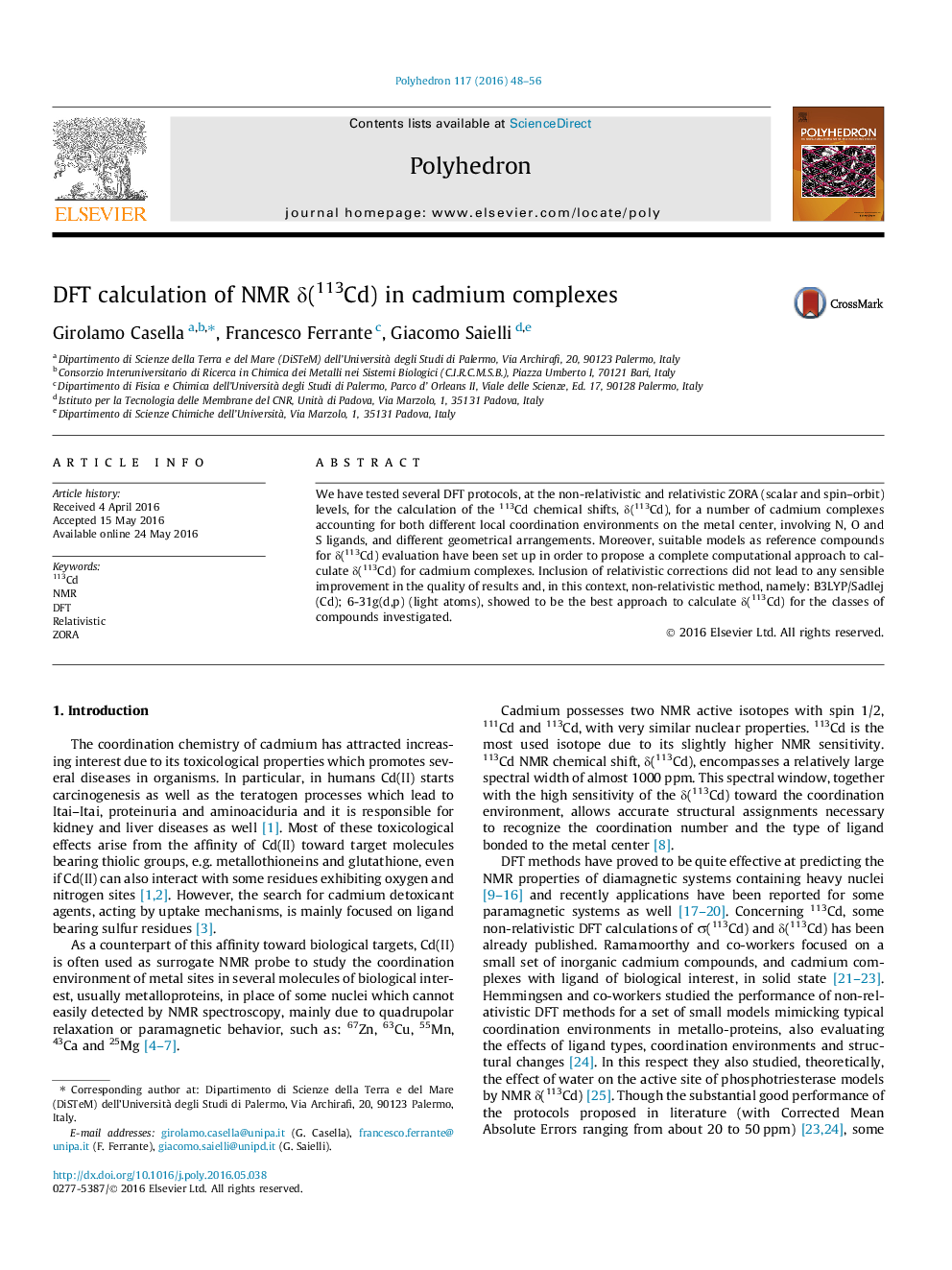 DFT calculation of NMR δ(113Cd) in cadmium complexes