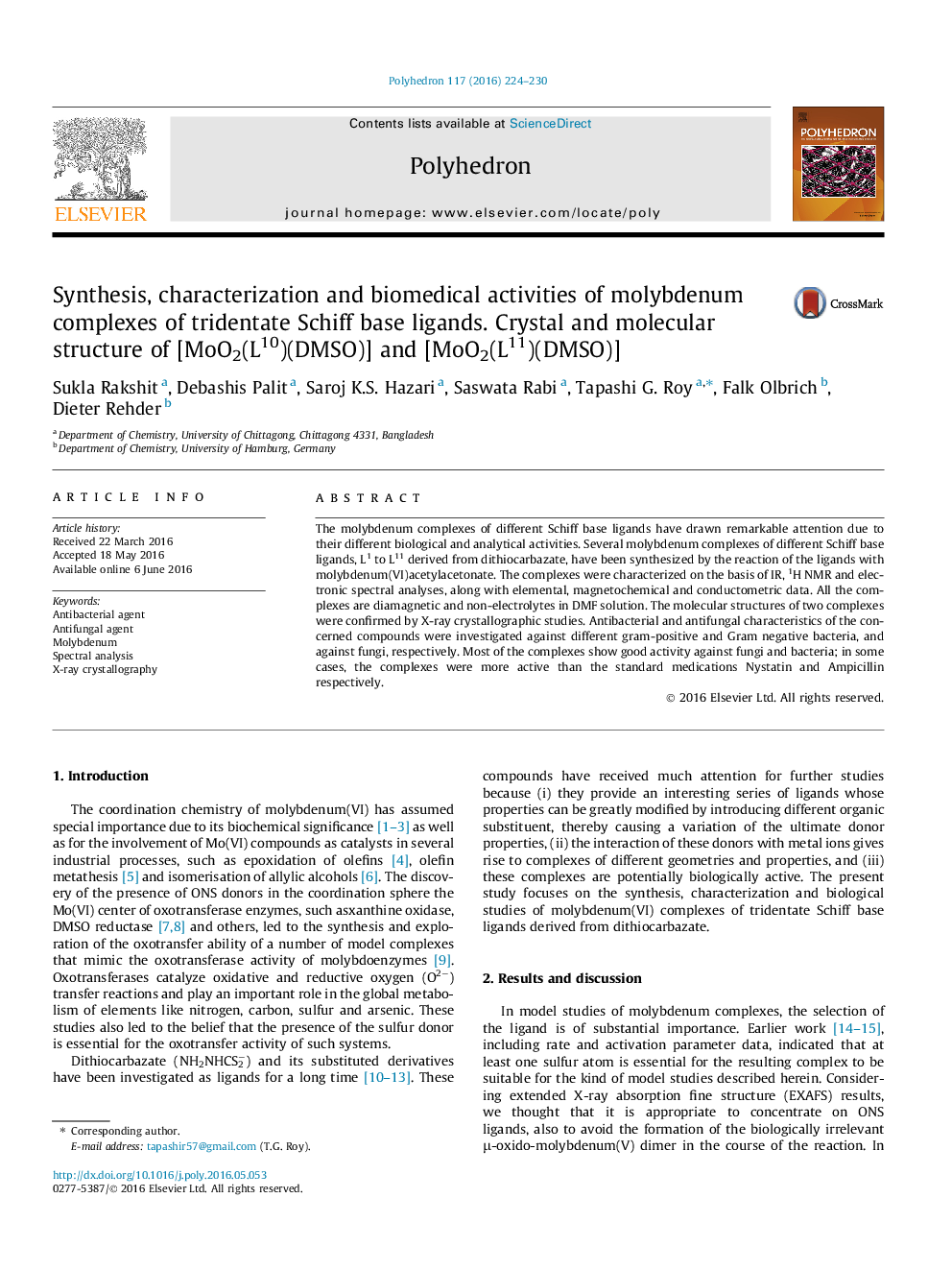 Synthesis, characterization and biomedical activities of molybdenum complexes of tridentate Schiff base ligands. Crystal and molecular structure of [MoO2(L10)(DMSO)] and [MoO2(L11)(DMSO)]