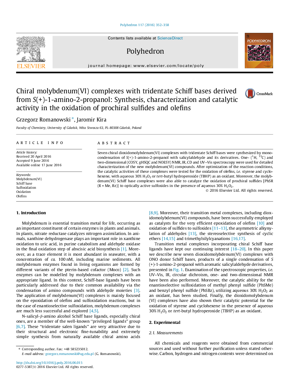 Chiral molybdenum(VI) complexes with tridentate Schiff bases derived from S(+)-1-amino-2-propanol: Synthesis, characterization and catalytic activity in the oxidation of prochiral sulfides and olefins