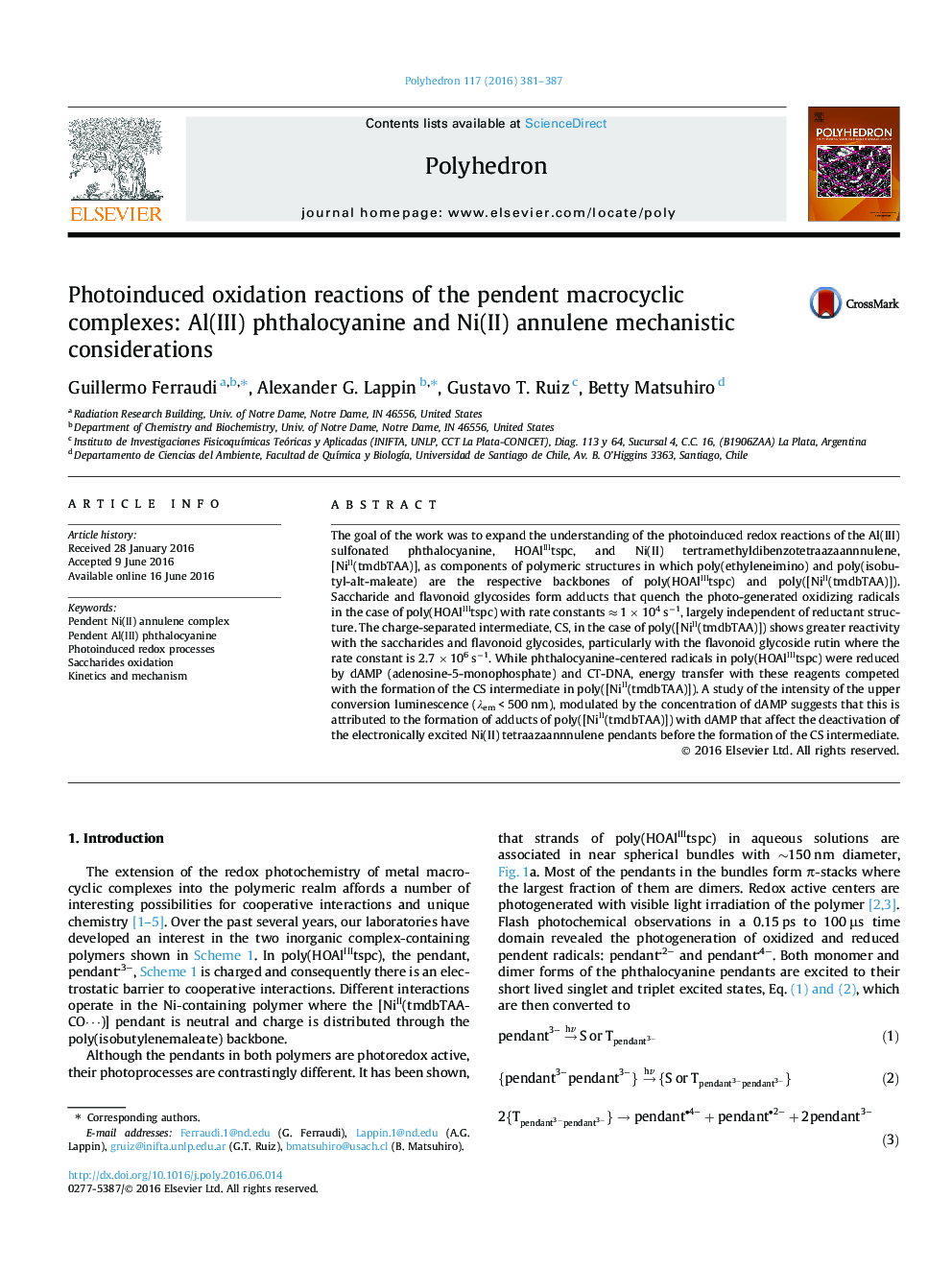 Photoinduced oxidation reactions of the pendent macrocyclic complexes: Al(III) phthalocyanine and Ni(II) annulene mechanistic considerations