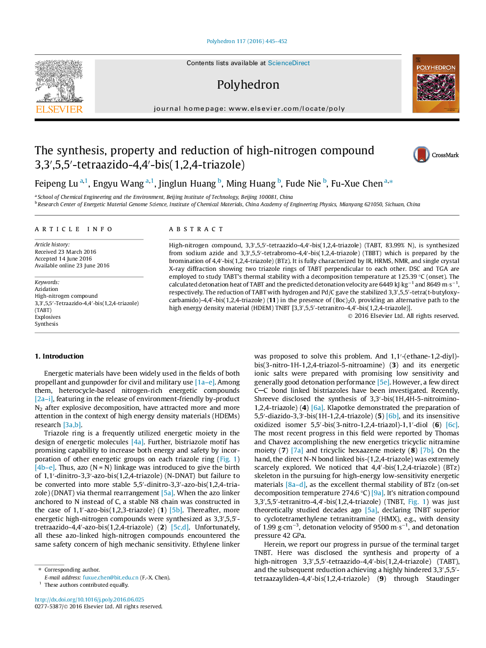 The synthesis, property and reduction of high-nitrogen compound 3,3′,5,5′-tetraazido-4,4′-bis(1,2,4-triazole)