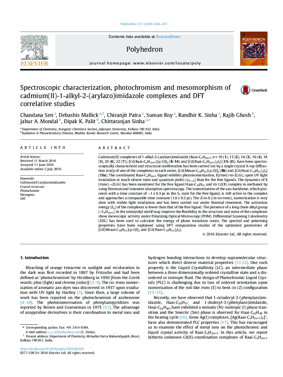 Spectroscopic characterization, photochromism and mesomorphism of cadmium(II)-1-alkyl-2-(arylazo)imidazole complexes and DFT correlative studies