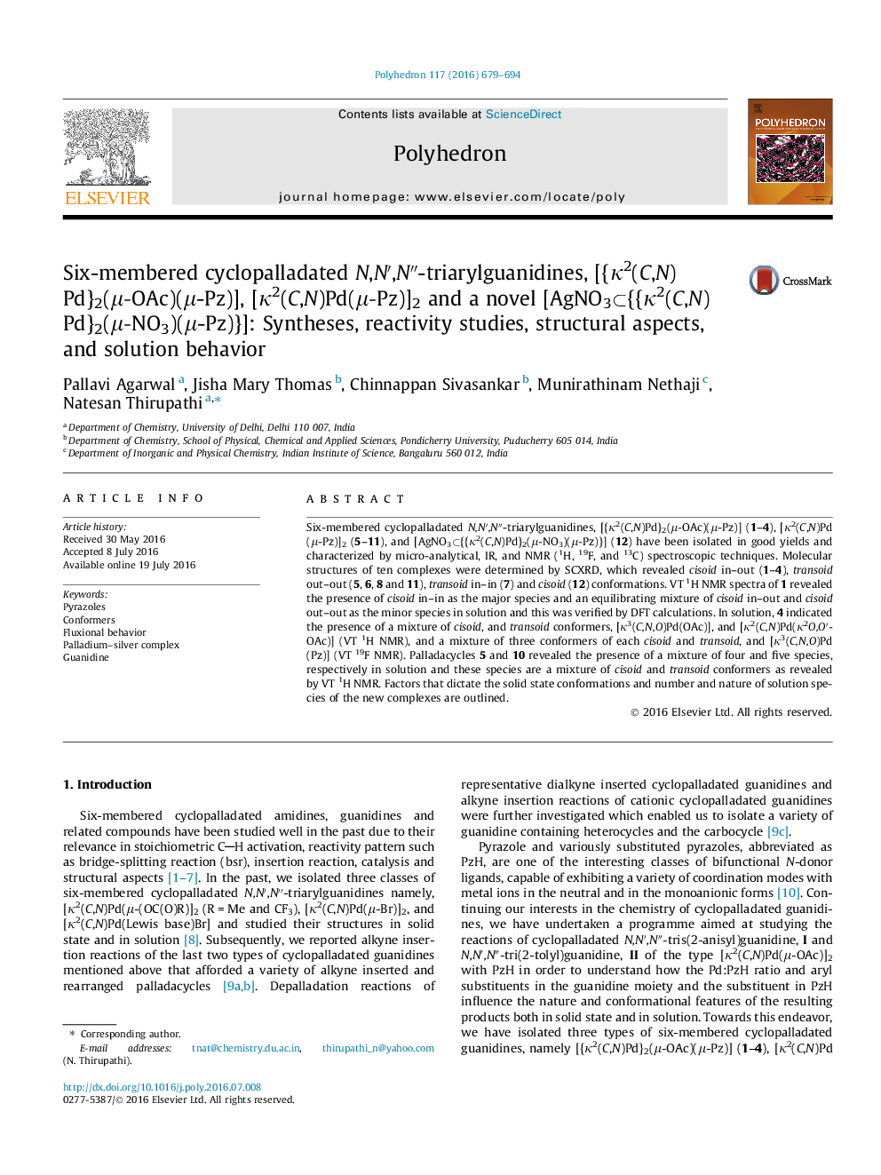 Six-membered cyclopalladated N,N′,N″-triarylguanidines, [{κ2(C,N)Pd}2(μ-OAc)(μ-Pz)], [κ2(C,N)Pd(μ-Pz)]2 and a novel [AgNO3⊂{{κ2(C,N)Pd}2(μ-NO3)(μ-Pz)}]: Syntheses, reactivity studies, structural aspects, and solution behavior