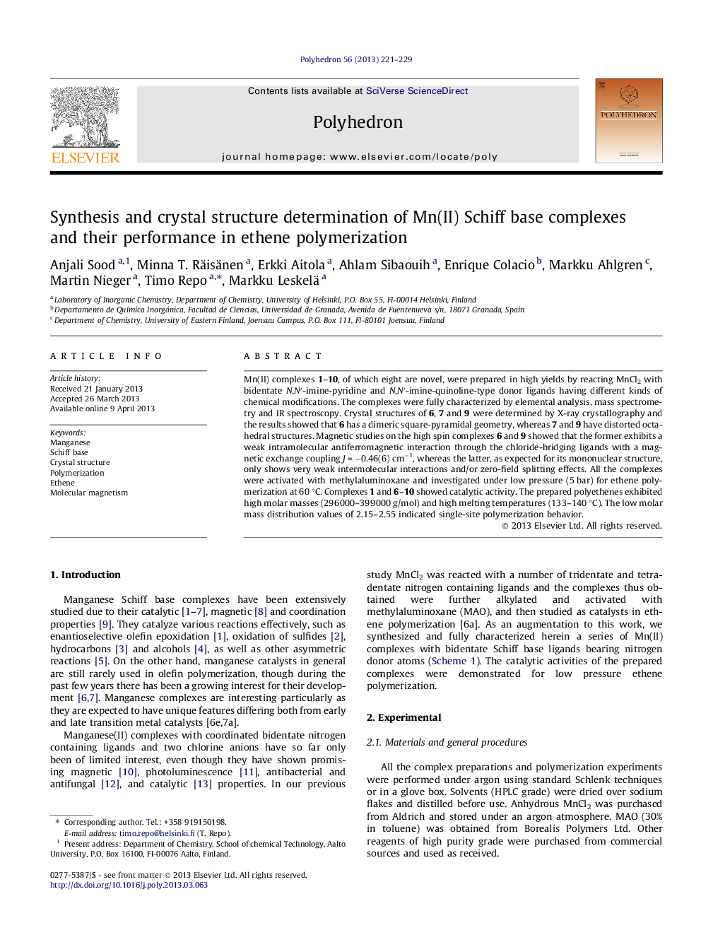 Synthesis and crystal structure determination of Mn(II) Schiff base complexes and their performance in ethene polymerization