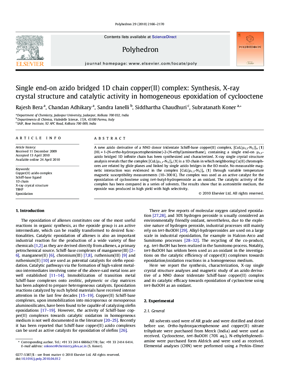 Single end-on azido bridged 1D chain copper(II) complex: Synthesis, X-ray crystal structure and catalytic activity in homogeneous epoxidation of cyclooctene