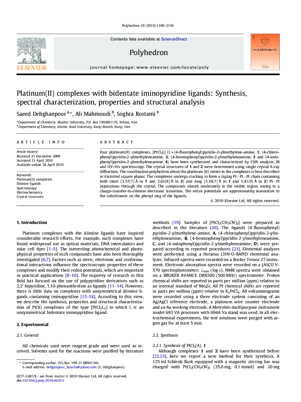 Platinum(II) complexes with bidentate iminopyridine ligands: Synthesis, spectral characterization, properties and structural analysis