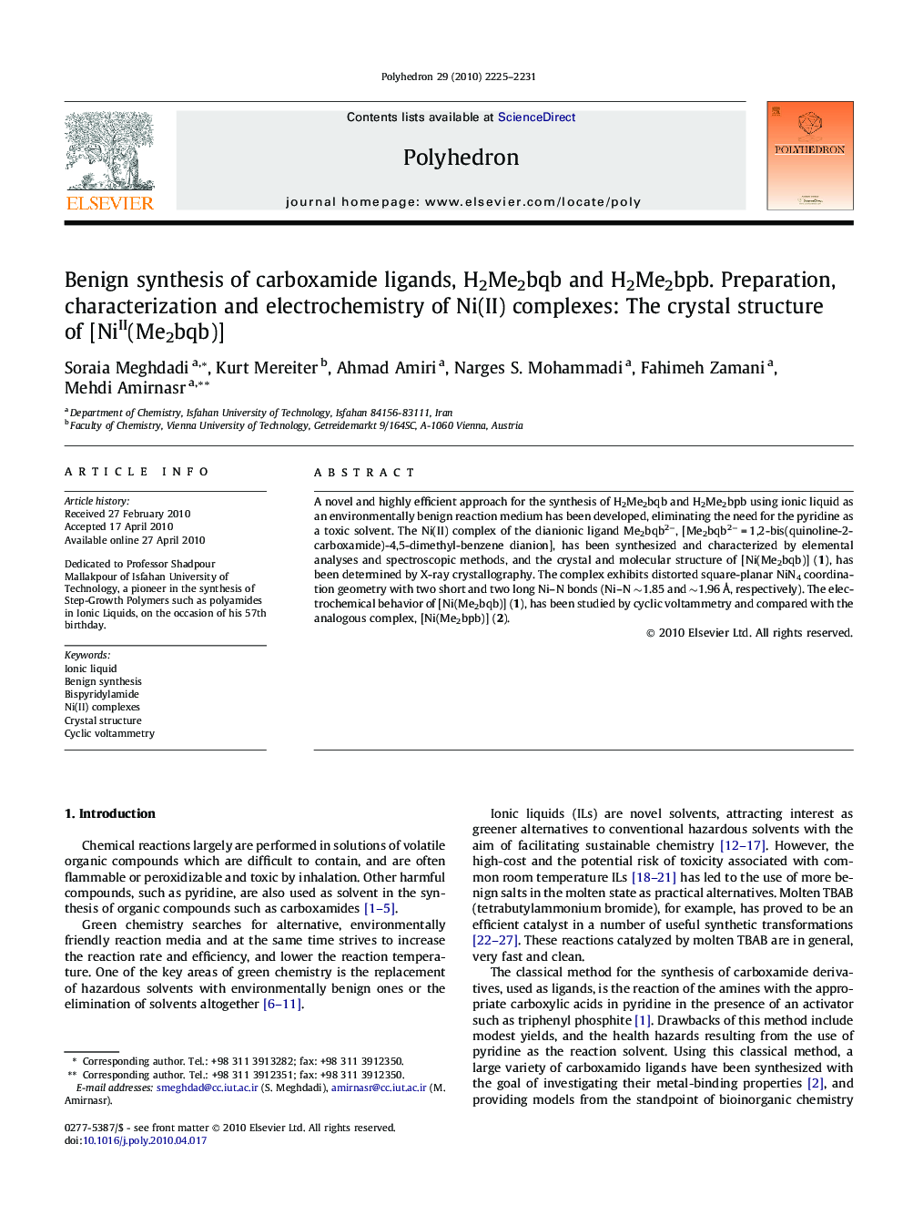 Benign synthesis of carboxamide ligands, H2Me2bqb and H2Me2bpb. Preparation, characterization and electrochemistry of Ni(II) complexes: The crystal structure of [NiII(Me2bqb)]