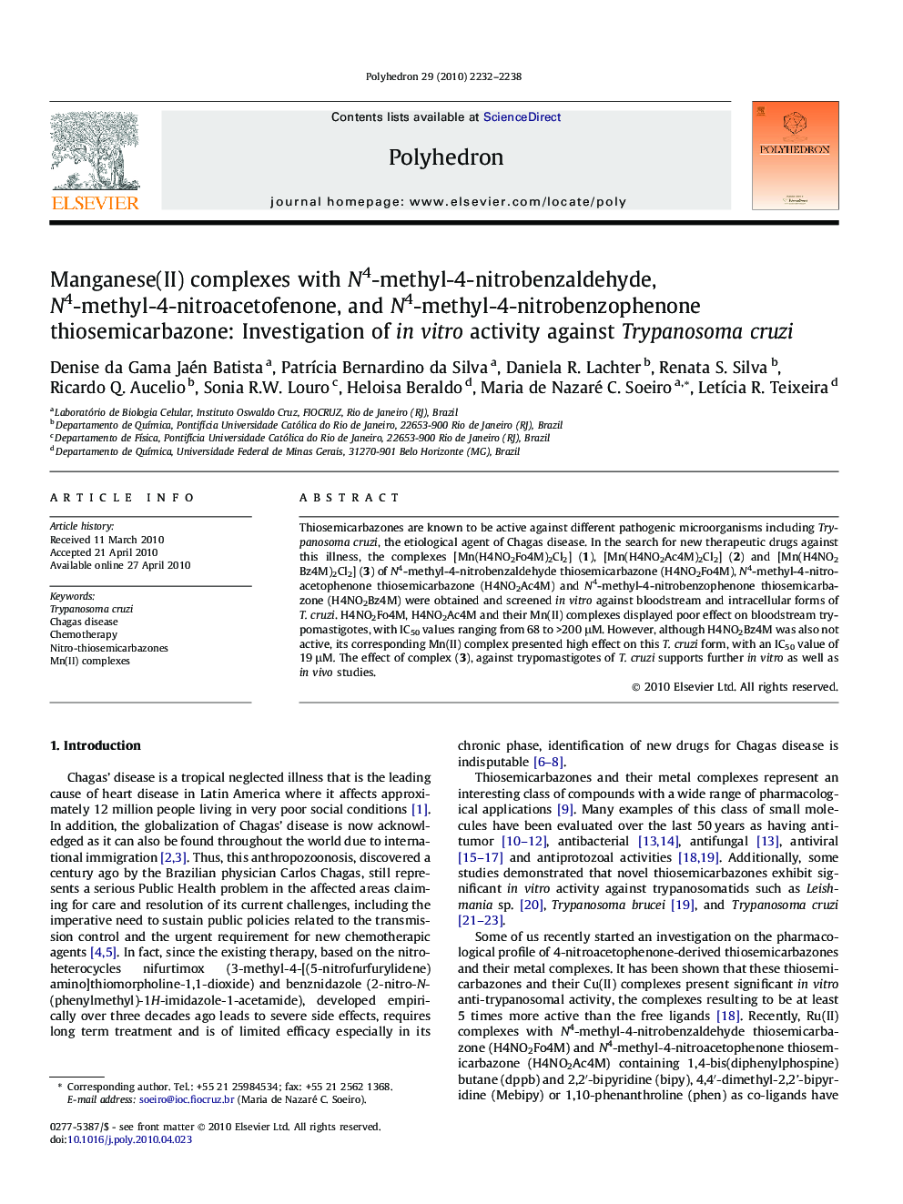 Manganese(II) complexes with N4-methyl-4-nitrobenzaldehyde, N4-methyl-4-nitroacetofenone, and N4-methyl-4-nitrobenzophenone thiosemicarbazone: Investigation of in vitro activity against Trypanosoma cruzi