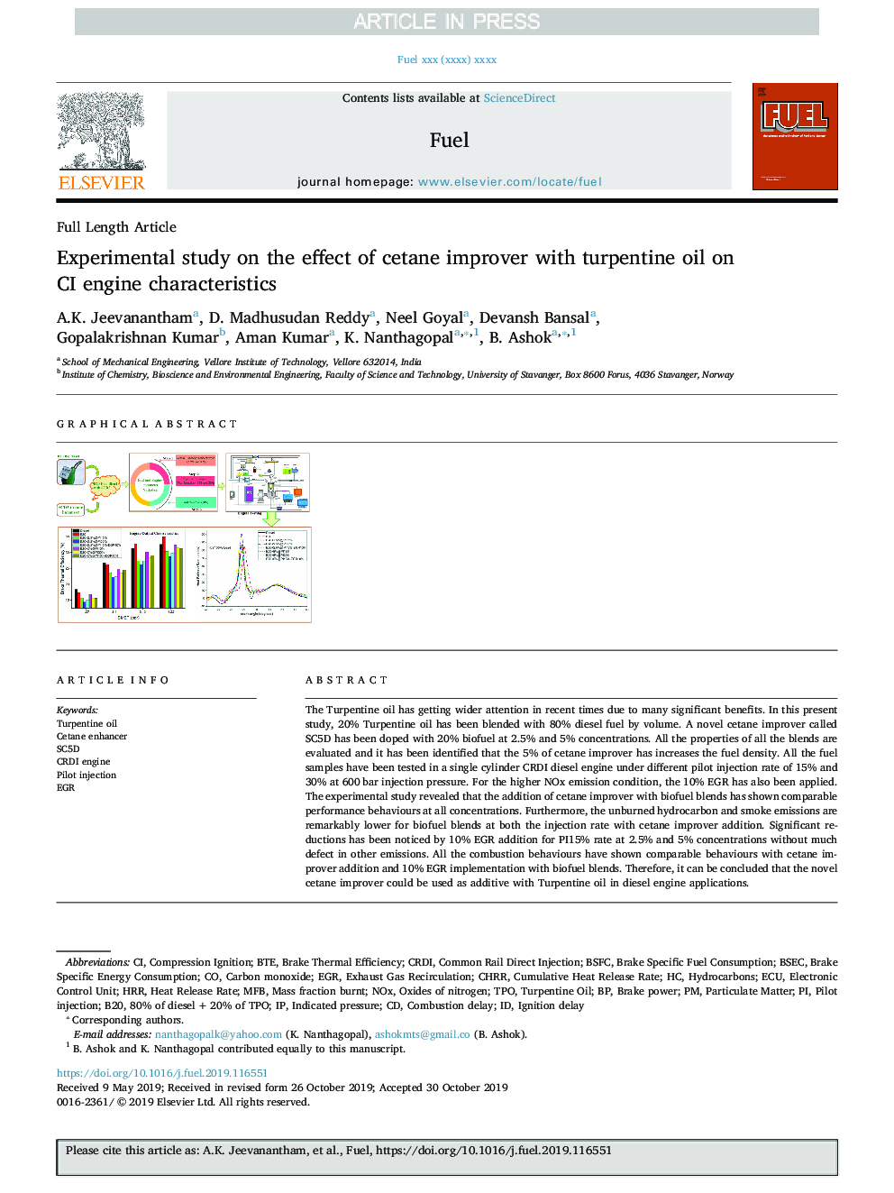 Experimental study on the effect of cetane improver with turpentine oil on CI engine characteristics