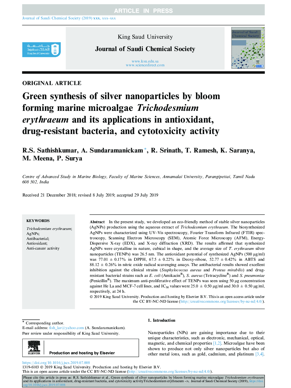 Green synthesis of silver nanoparticles by bloom forming marine microalgae Trichodesmium erythraeum and its applications in antioxidant, drug-resistant bacteria, and cytotoxicity activity