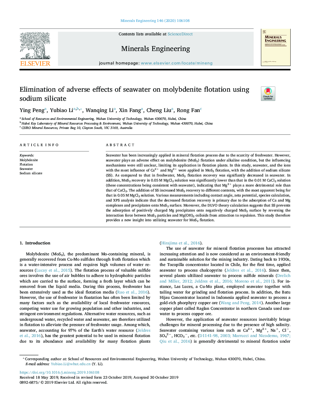 Elimination of adverse effects of seawater on molybdenite flotation using sodium silicate