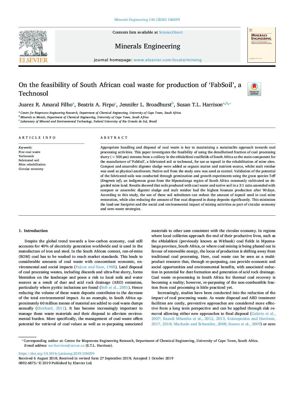 On the feasibility of South African coal waste for production of 'FabSoil', a Technosol