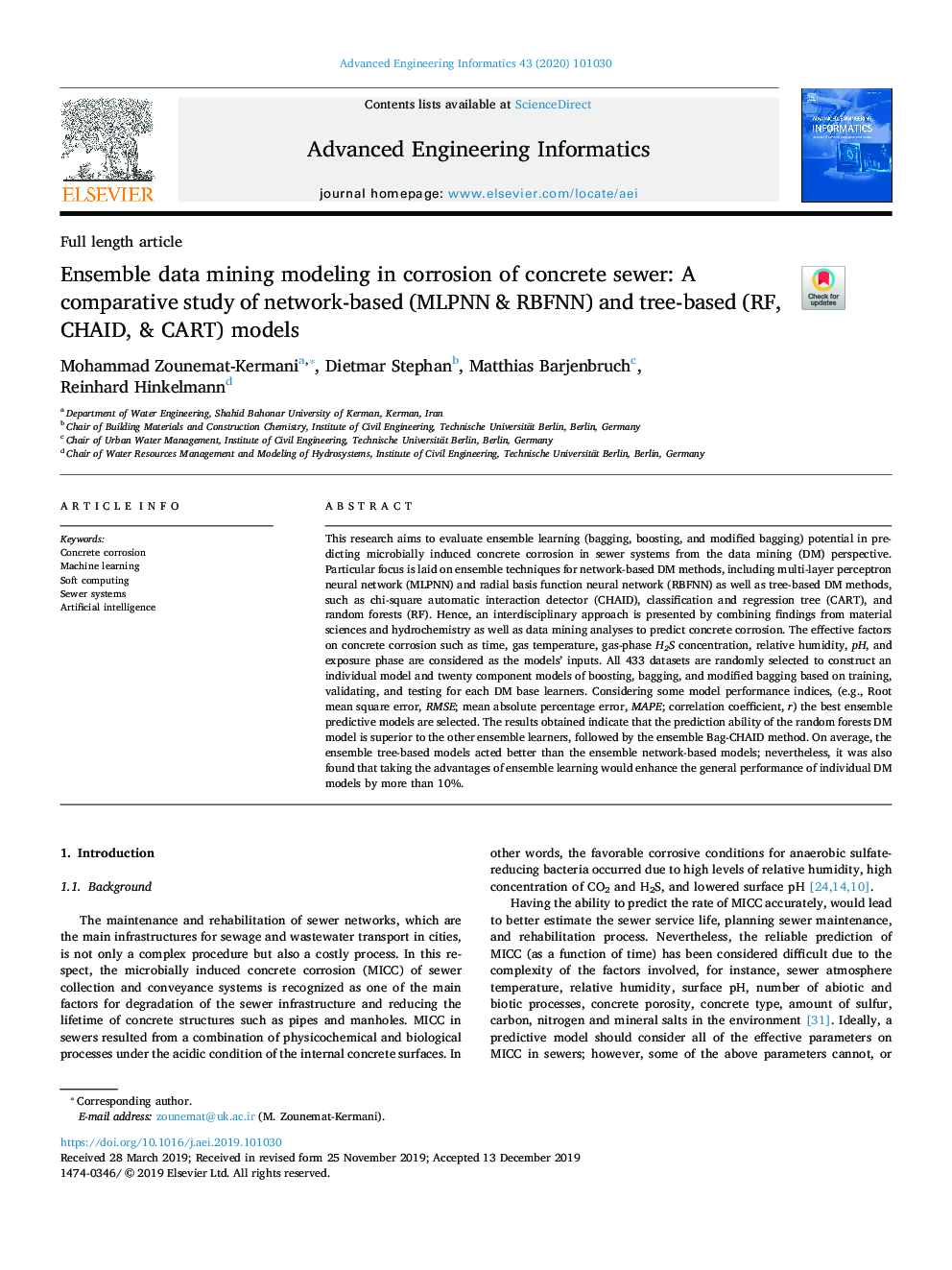 Ensemble data mining modeling in corrosion of concrete sewer: A comparative study of network-based (MLPNN & RBFNN) and tree-based (RF, CHAID, & CART) models