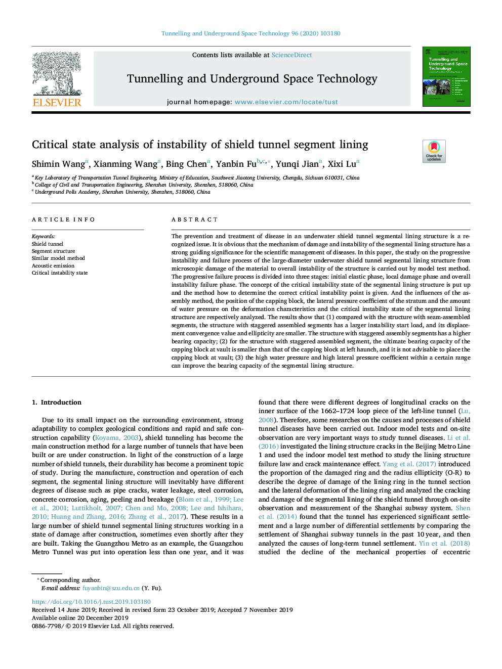 Critical state analysis of instability of shield tunnel segment lining