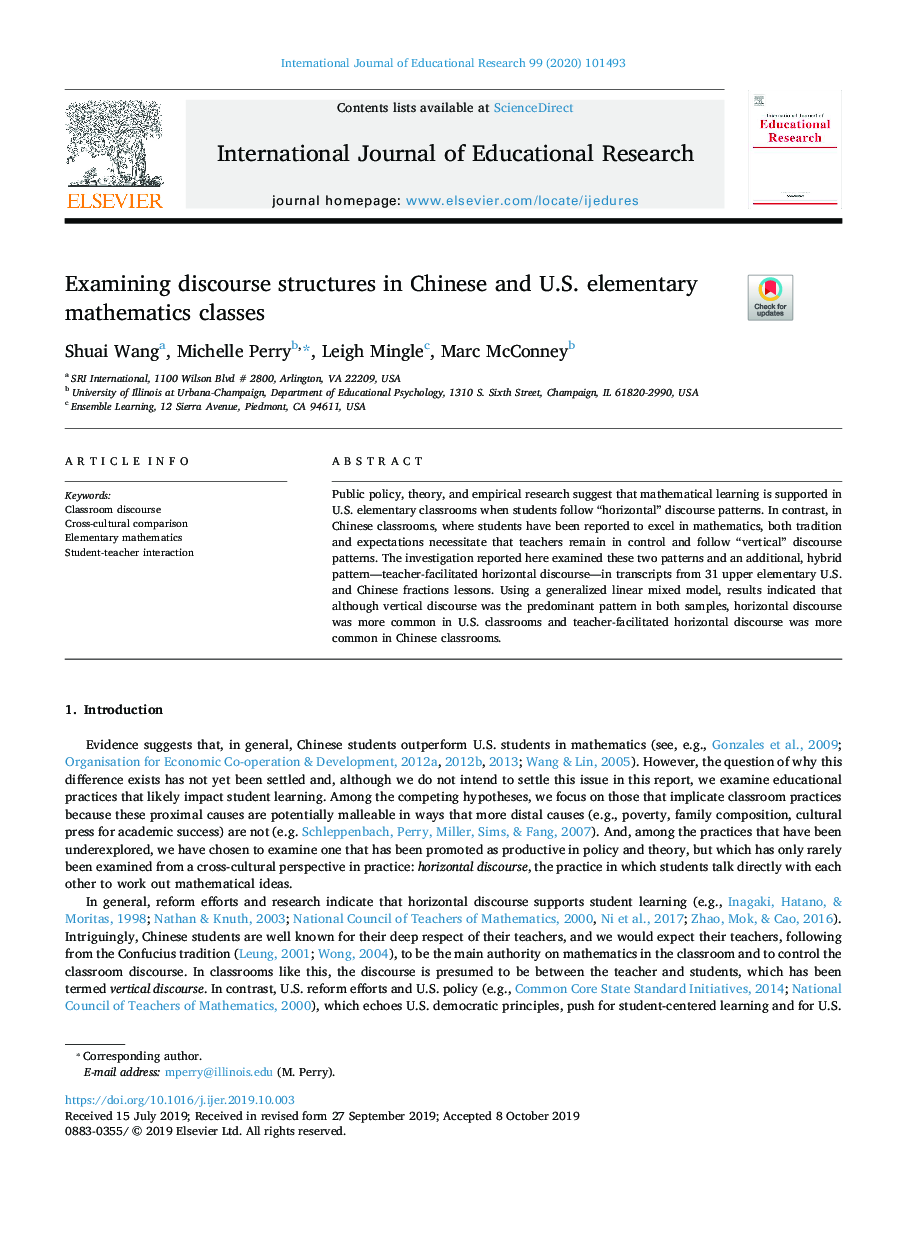 Examining discourse structures in Chinese and U.S. elementary mathematics classes