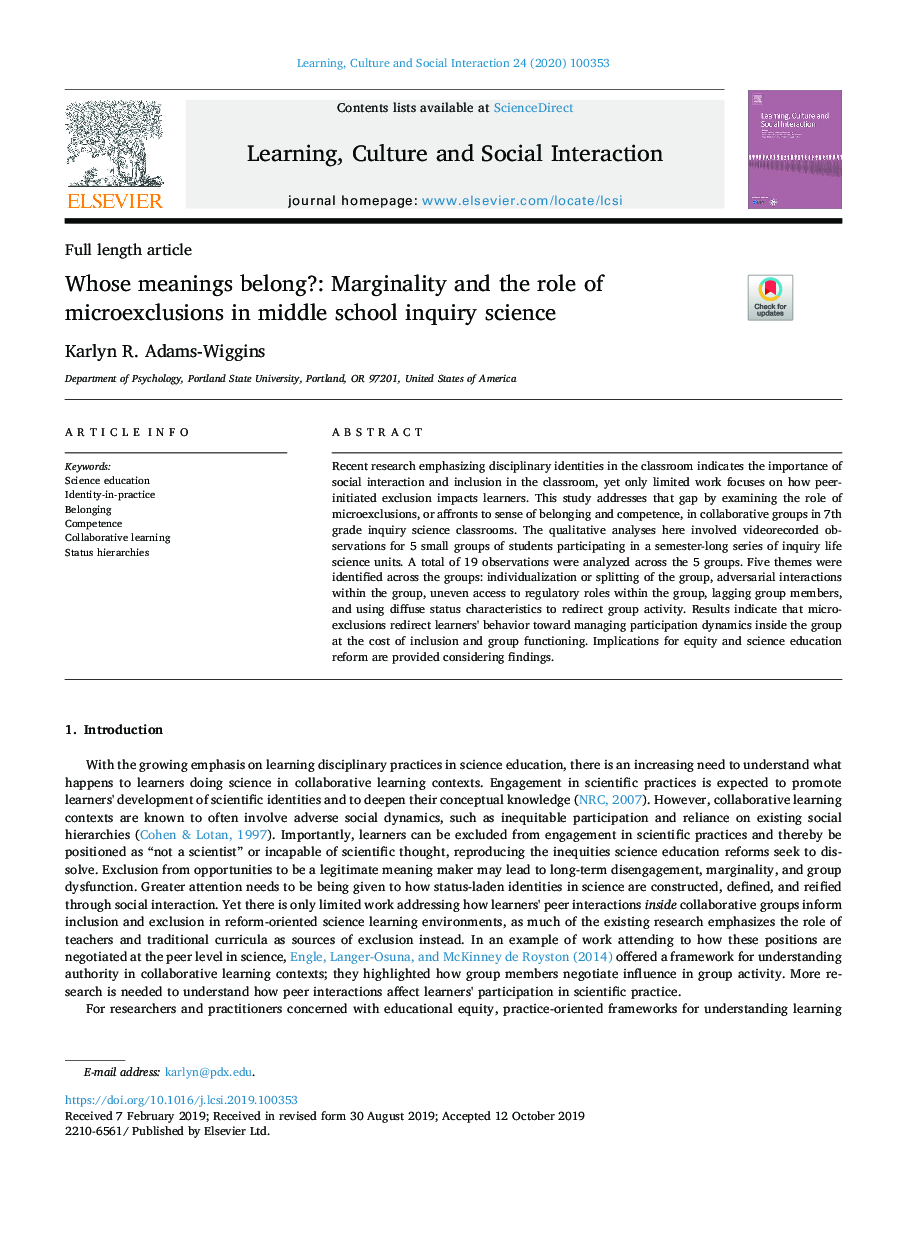 Whose meanings belong?: Marginality and the role of microexclusions in middle school inquiry science