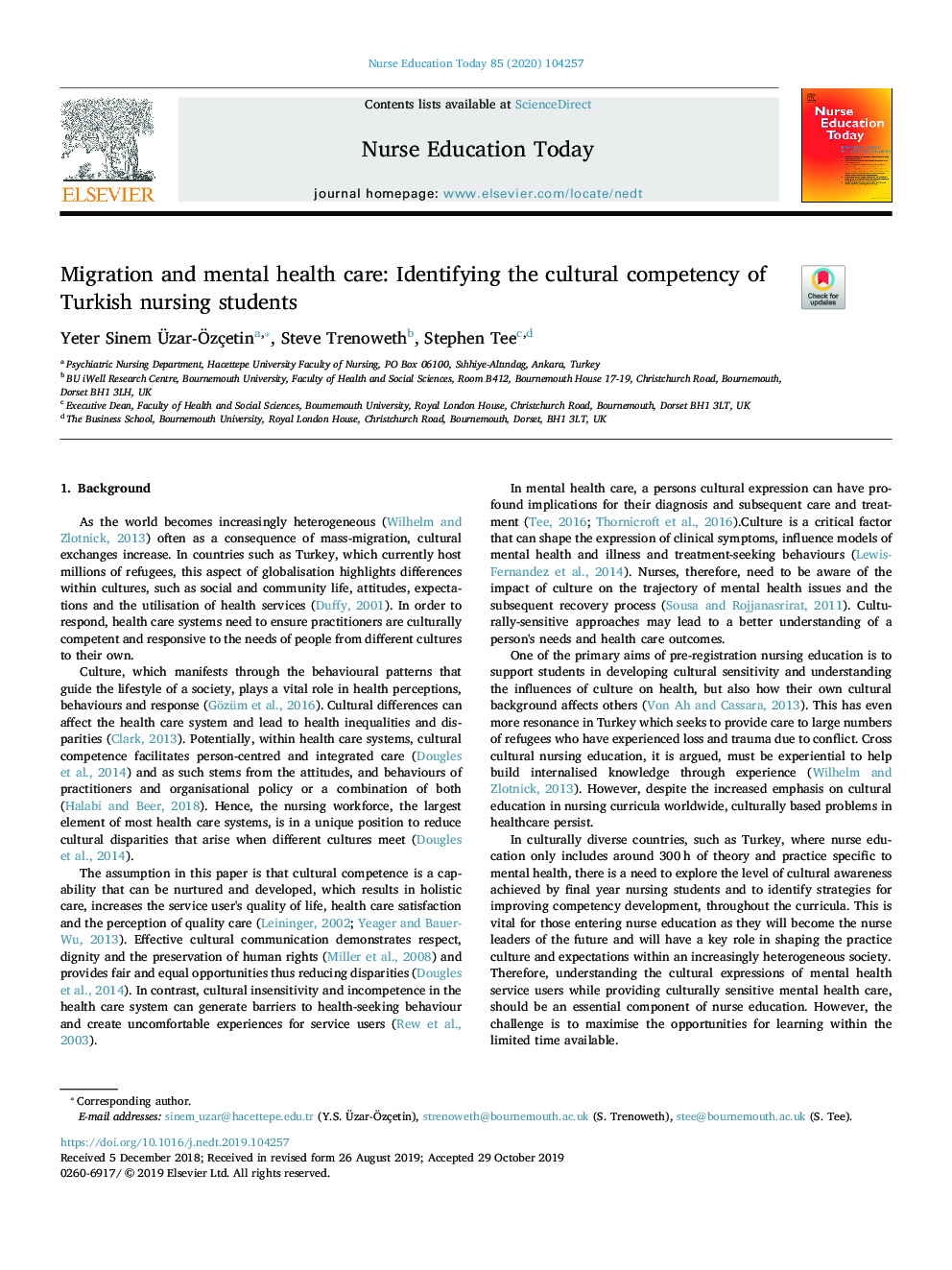 Migration and mental health care: Identifying the cultural competency of Turkish nursing students