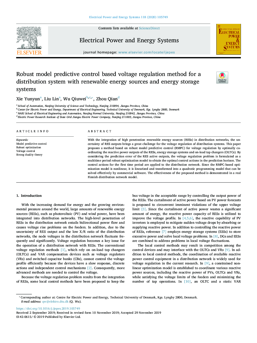 Robust model predictive control based voltage regulation method for a distribution system with renewable energy sources and energy storage systems