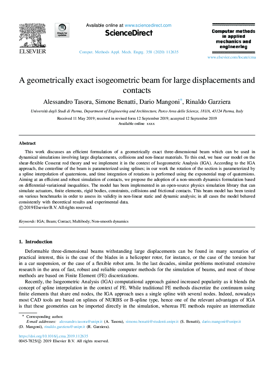 A geometrically exact isogeometric beam for large displacements and contacts