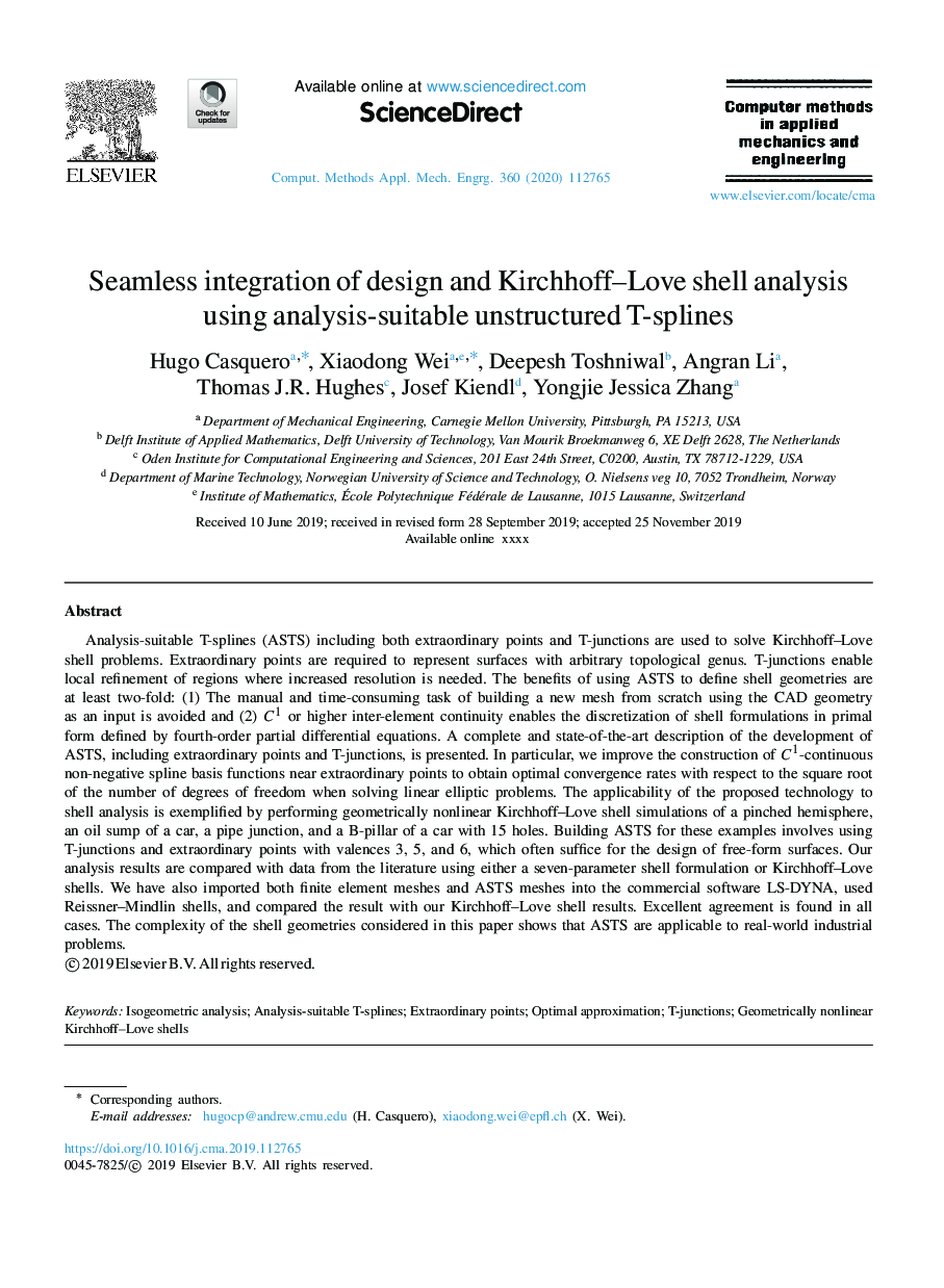 Seamless integration of design and Kirchhoff-Love shell analysis using analysis-suitable unstructured T-splines