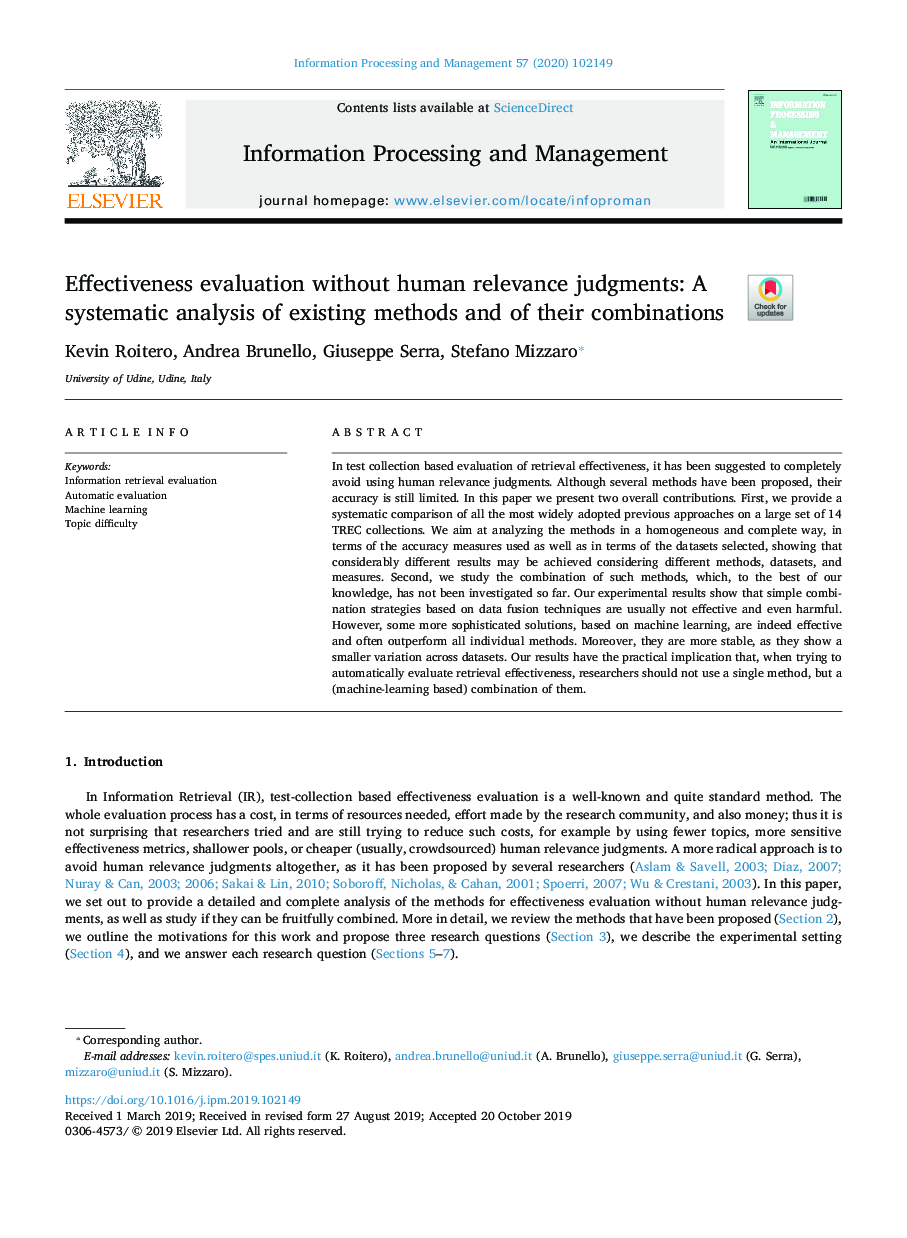 Effectiveness evaluation without human relevance judgments: A systematic analysis of existing methods and of their combinations