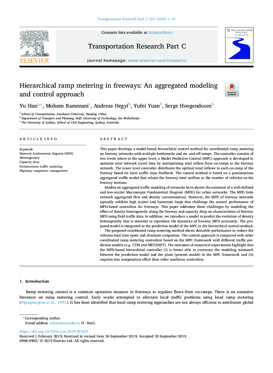 Hierarchical ramp metering in freeways: An aggregated modeling and control approach